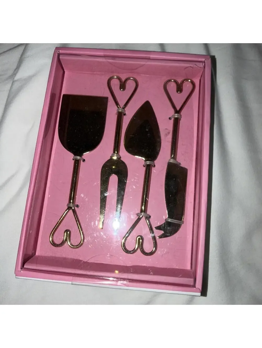 Heart Handle Gold Cheese Knife Set of 4 New In Original Box Crafted In India NIB